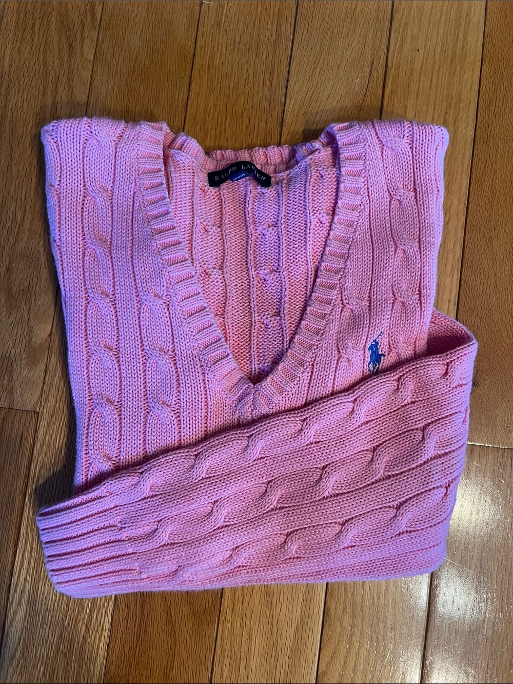 Ralph Lauren Pink Cable-Knit V-Neck Sweater with Blue Pony